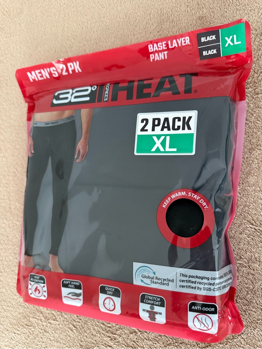 32° Heat Men's Black Base Layer Boxer Briefs - XL 2 Pack